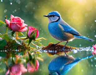 Blue bird sitting on a rose flower branch - Powered by Adobe
