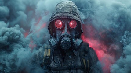 A hacker wearing a gas mask and surrounded by smoke and wires - obrazy, fototapety, plakaty