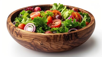 Salad in wooden bowl, isolated on white background.