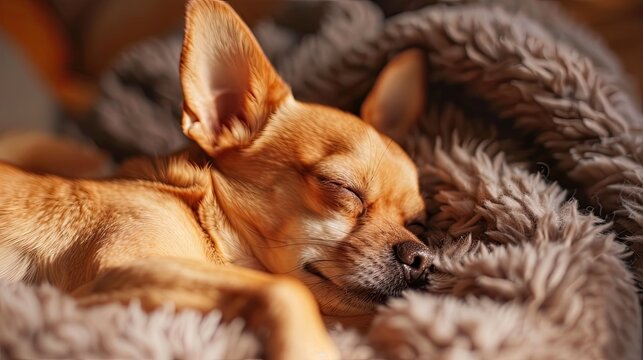 Brown chihuahua dog sleeping on a blanket