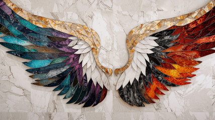 Unprecedented angles blend seamlessly, giving rise to a unique marble mosaic of colorful wings