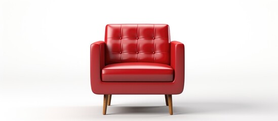 Fototapeta premium A magenta club chair with wooden legs and armrests, offering comfort and style. The rectangleshaped chair stands out on a white background