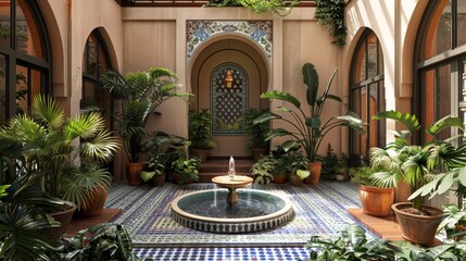 Fototapeta na wymiar An enchanting Moorish style interior courtyard featuring a central fountain, vibrant mosaic tiles, and an abundance of lush green plants.