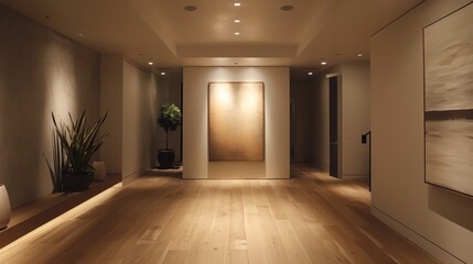 Obraz premium A modern minimalist hallway featuring warm accent lighting that highlights an abstract painting, creating a tranquil ambiance.