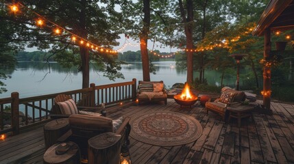 An enchanting evening on a lakeside cabin porch, with string lights and a firepit creating a warm and cozy outdoor retreat. - obrazy, fototapety, plakaty