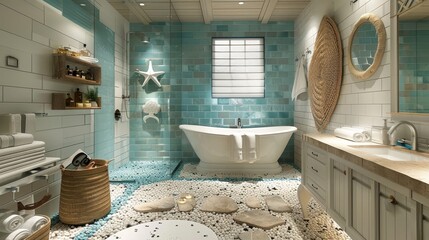 Elegant bathroom featuring a freestanding bathtub, coastal decor, and a serene aqua tile wall.