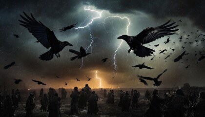 black crows in the sky in a storm - obrazy, fototapety, plakaty