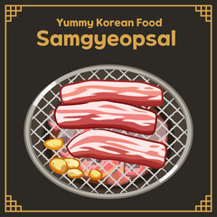 Delicious Korean BBQ Pork Belly Samgyeosal Illustration, Vector Set