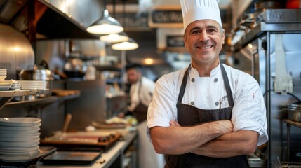 Smiling middle aged male chef with chef hat and crossed arms wears apron standing in the kitchen of his restaurant.