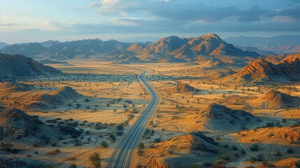 Fototapeta na wymiar Curved road winding through a desert landscape with mountains under a sunset sky.