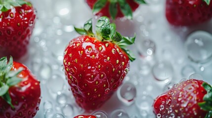 Close-up of vibrant red strawberries with glistening water droplets on a white background, showcasing freshness and natural texture.