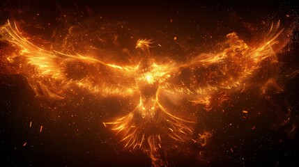 A stunning visual of a golden phoenix rising with wings spread wide, enveloped in a mesmerizing dance of fire and sparks.