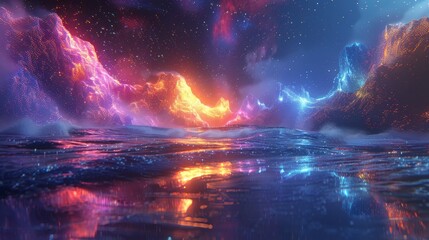 A breathtaking digital art piece showcasing radiant neon waves above a serene water surface, under a star-studded night sky.