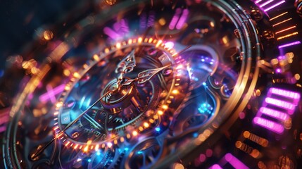 Close-up view of a complex watch mechanism highlighted by neon lighting, showcasing the beauty of precision engineering and timekeeping.