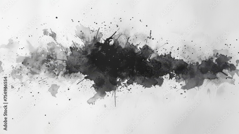 Poster black spot on watercolor paper with abstract gray spot on a white background. ink drop. gray color. 