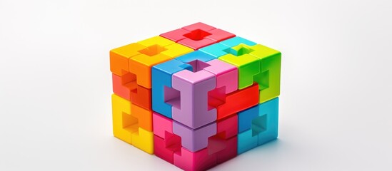 A vibrant puzzle cube made of composite materials in electric blue and magenta tints sits on a white surface, combining educational toy with fashion accessory in a creative arts pattern