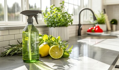 Green cleaning spray bottle with lemons and rosemary on kitchen countertop. Natural cleaning products concept. Design for poster, banner  with copy space. Close-up shot with natural light.