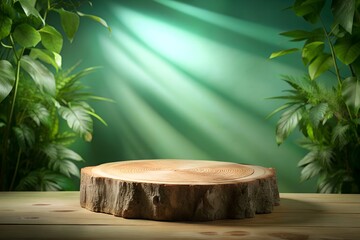 Empty wood slice podium on plant background