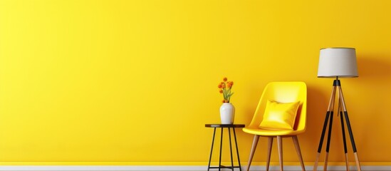 A room with a bright yellow wall, featuring two matching yellow chairs with wooden legs. The chairs are placed against the wall, creating a simple yet vibrant seating area.