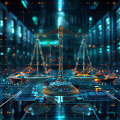 A digital landscape showcasing the duality of legal scales against a backdrop of a futuristic data center.