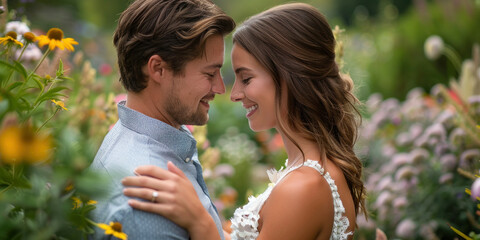 Romantic couple in beautiful nature setting, capturing their love amidst vibrant wildflowers during engagement photoshoot