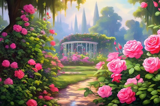 watercolor painting of rose flower garden