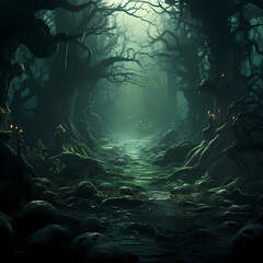 Fototapeta na wymiar Mystical foggy forest with hidden creatures.