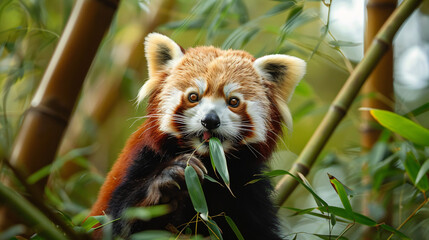 Adorable red panda munching on bamboo shoots