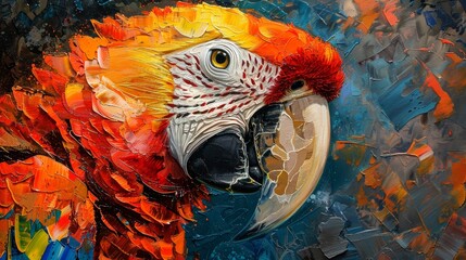An exquisite oil painting showcasing the vibrant and textured profile of a scarlet macaw in dramatic brushstrokes.