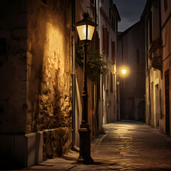 Old-fashioned street lamp in a quiet alley.