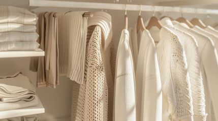 Minimalist neutral cream beige color wardrobe interior, fashion clothing on hanger
