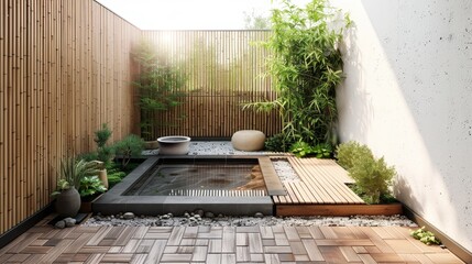 Contemporary zen garden with a tranquil pond, lush greenery, and a stylish bamboo fence enhancing the serene atmosphere.