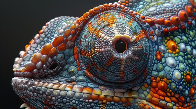 Vivid macro photograph capturing the intricate, colorful scales and piercing eye of a panther chameleon.
