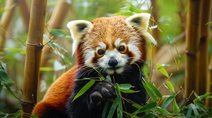 Schilderijen op glas Adorable red panda munching on bamboo shoots © Soomro