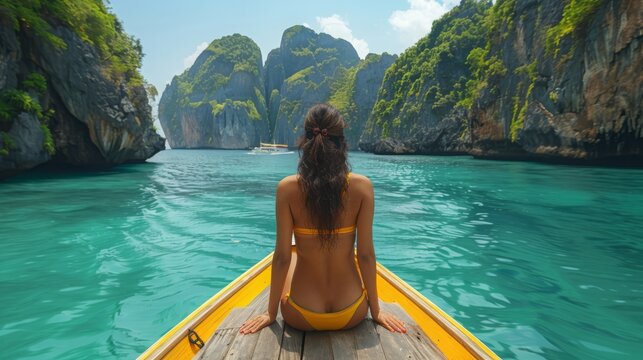 Tourist Female on the boat, the sea of thailand