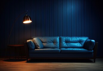 A large blue couch with a lamp