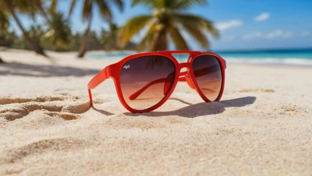 sun glasses on the beach with a view of beautiful beach