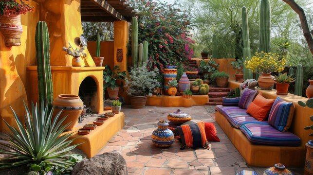 A vibrant Mexican courtyard adorned with traditional pottery, bright textiles, and a variety of cacti, exuding warmth and cultural charm.