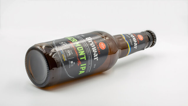 Vermont IPA Volynski Browar craft beer bottle closeup on white.