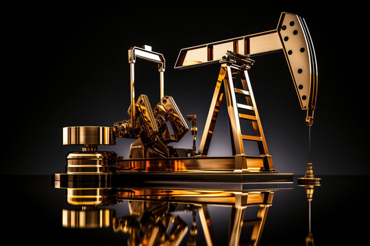 Gold model of an oil pump on a black mirror background. Oil industry. Generated by artificial intelligence