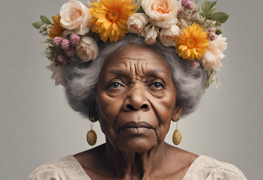 Senhora idosa afrodescendente com coroa de flores na cabeça olhando pra cima.
