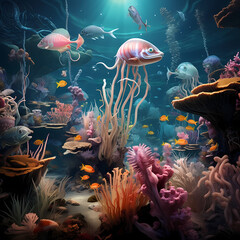 Surreal underwater scene with exotic sea creatures - obrazy, fototapety, plakaty