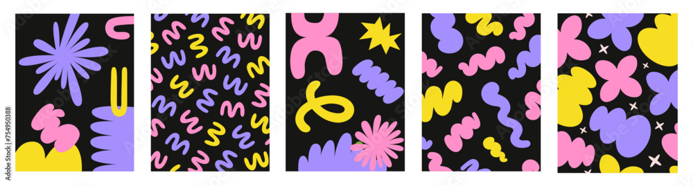 Aufkleber abstract retro set colorful backgrounds with naive playful shapes on a black background. trendy vect