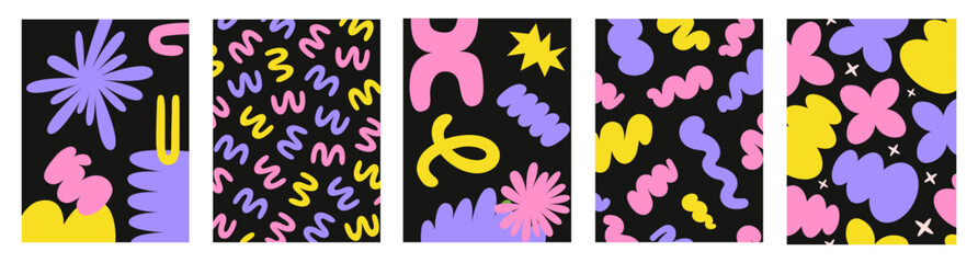 Abstract retro set colorful backgrounds with naive playful shapes on a black background. Trendy vector illustration