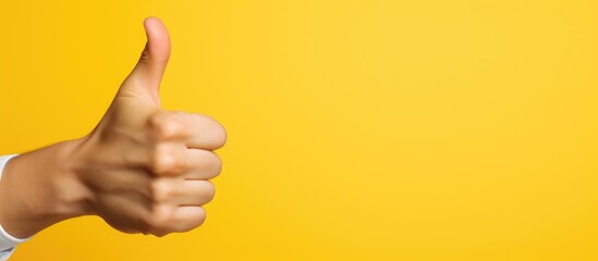 A person is making a thumbs up gesture with their yellowpainted nail against a bright yellow background. The macro photography captures the details of their finger, wrist, and thumb in vivid color
