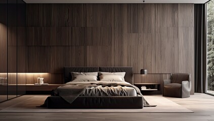A modern bedroom with dark wood, a bed and a closet - obrazy, fototapety, plakaty