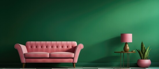 A living room with dark green walls, checkered floor, a coffee table, and a pink couch paired with an armchair, illuminated by a tall window mock-up.