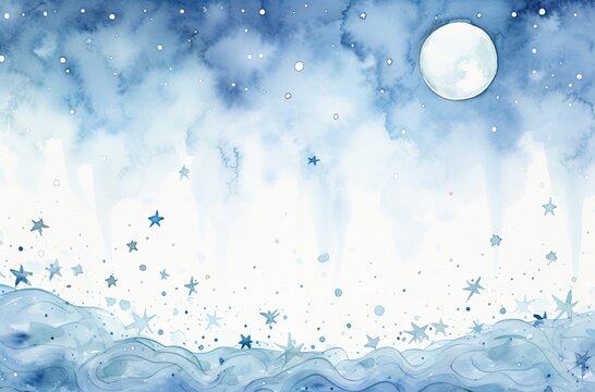 A watercolor background with blue water drops, stars and the moon