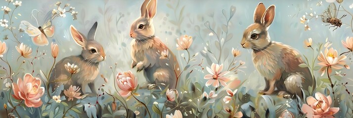 3D Bunny Art Pastoral Scene of Rabbits Painting Flowers, This charming and colorful stock photo is perfect for adding a touch of whimsy and nature to