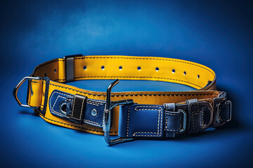 Construction safety belt in yellow color on a blue background. Generated by artificial intelligence